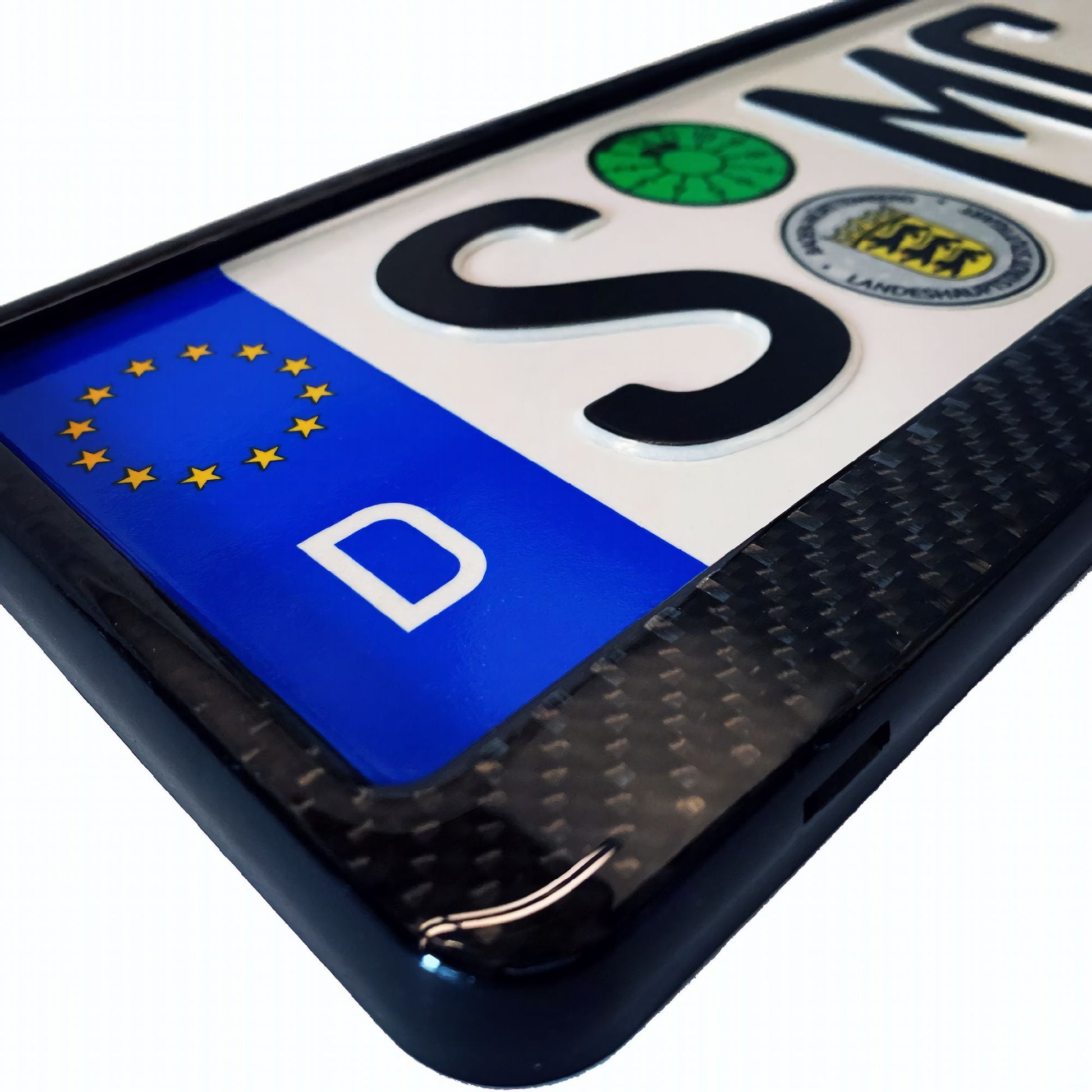 carbon fiber European license plate frame closeup gloss