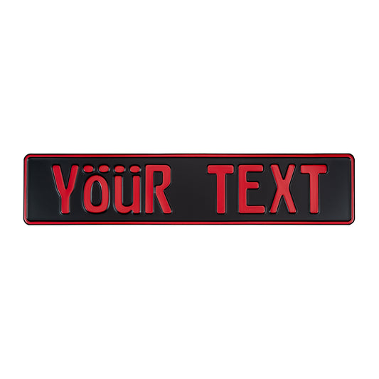 Black European License Plate With Red Text